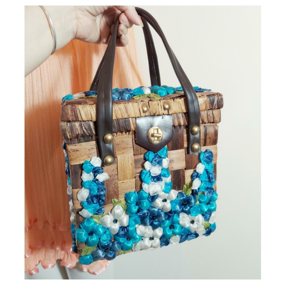 Vintage 50s 60s rockabilly pinup Hawaiian tiki bombshell wicker rattan purse bag - Picture 8 of 8